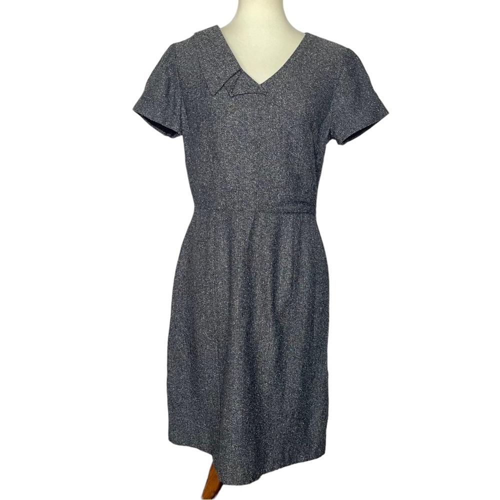 Tahari Arthur S. Levine Dress Womens 8 Grey Tweed V-Neck Lined Pleated Collar